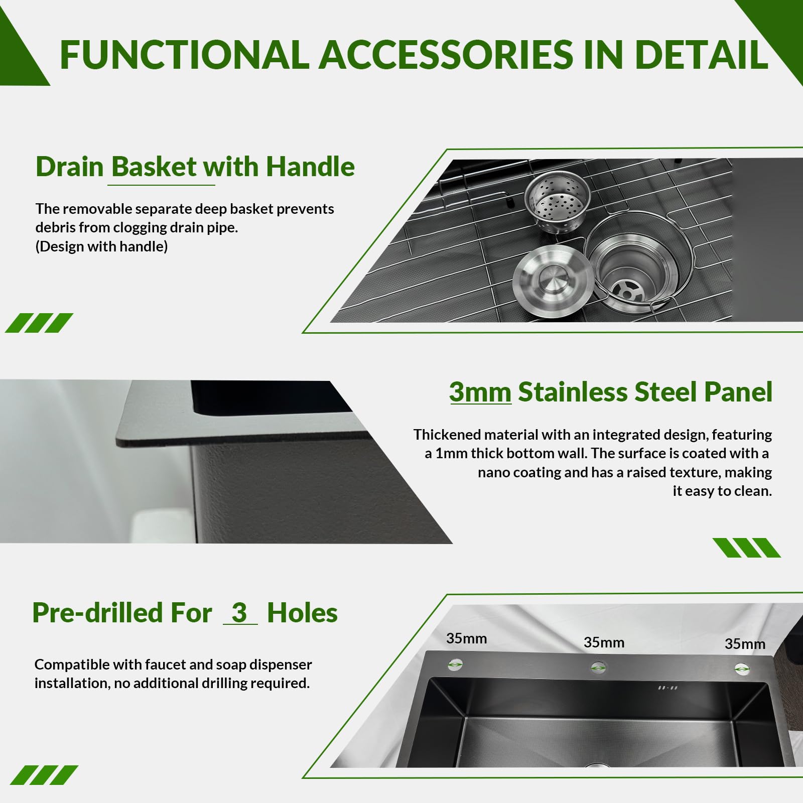 85x50cm Acciaio Inox Lavello Cucina 1 Vasca Grigio Nero, Con Griglia In Acciaio Inox Nano, Lavabo Cucina con 3 Fori Scolapiatti da Appoggio con Rubinetto, con Dispenser Sapone Da Appoggio