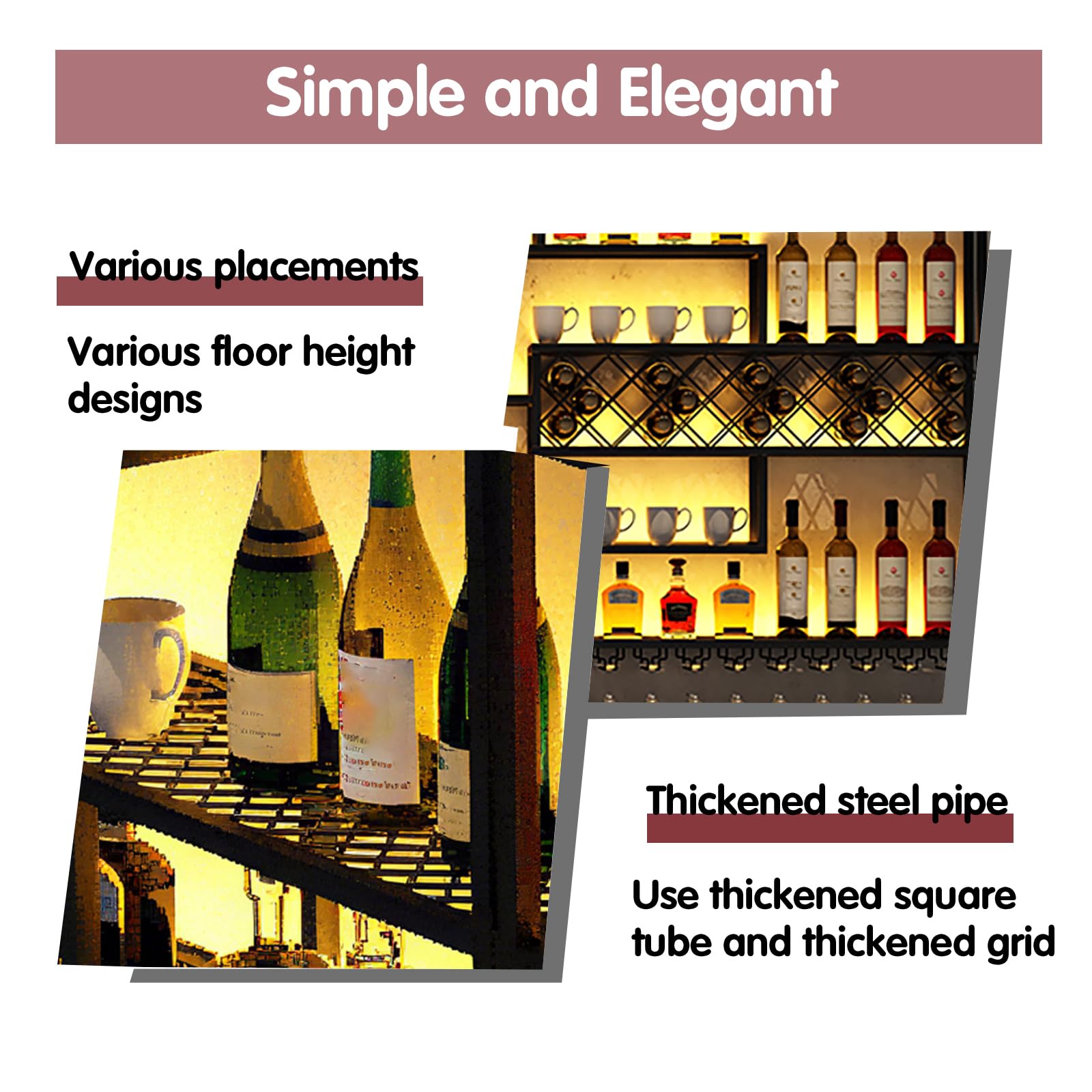 Moderno Botellero Montado en la Pared, Grande Estante de Vino Industrial de Metal con Portavasos, 4 Niveles Flotante para Exhibición de Vino para Barra, el hogar, Restaurante (199CM)
