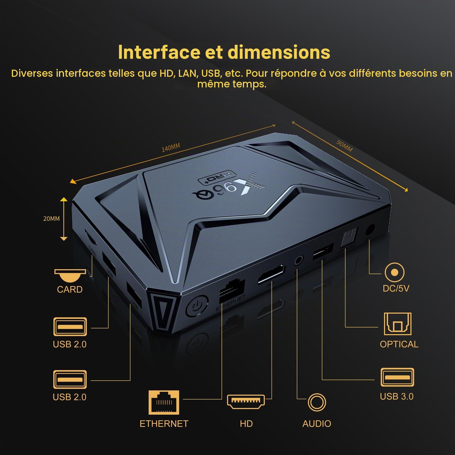 X96Q Pro+ TV Box 64 bit OS Android 14.0 4GB RAM 32GB ROM All Winner H728 Huit cœurs Arm Cortex A55 Mali G57-MC1 1000M Ethernet WiFi6 Dual WiFi 2.4G/5G 8K BT5.x USB 3.0