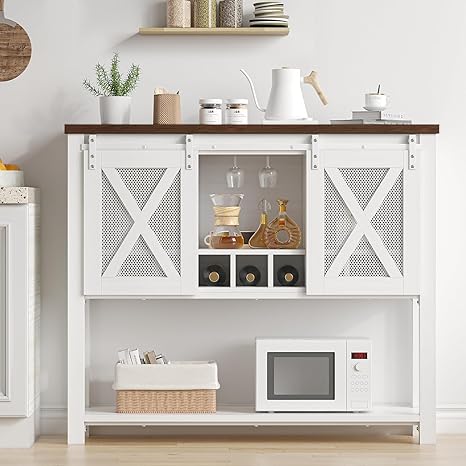 Garvee Farmhouse Wine Cabinet, Coffee Bar Sideboard Cabinet Storage, Console Table with Sliding Barn Doors, Entryway Table with Glass Rack for Kitchen Dining Room Hallway, 46.5 inches Long, White