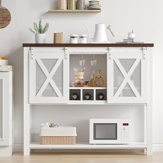 Garvee Farmhouse Wine Cabinet, Coffee Bar Sideboard Cabinet Storage, Console Table with Sliding Barn Doors, Entryway Table with Glass Rack for Kitchen Dining Room Hallway, 46.5 inches Long, White