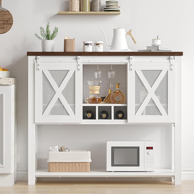 Garvee Farmhouse Wine Cabinet, Coffee Bar Sideboard Cabinet Storage, Console Table with Sliding Barn Doors, Entryway Table with Glass Rack for Kitchen Dining Room Hallway, 46.5 inches Long, White