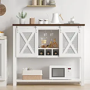 Garvee Farmhouse Wine Cabinet, Coffee Bar Sideboard Cabinet Storage, Console Table with Sliding Barn Doors, Entryway Table with Glass Rack for Kitchen Dining Room Hallway, 46.5 inches Long, White