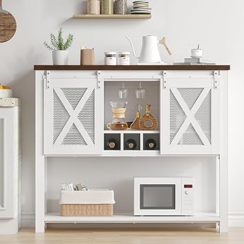 Garvee Farmhouse Wine Cabinet, Coffee Bar Sideboard Cabinet Storage, Console Table with Sliding Barn Doors, Entryway Table with Glass Rack for Kitchen Dining Room Hallway, 46.5 inches Long, White