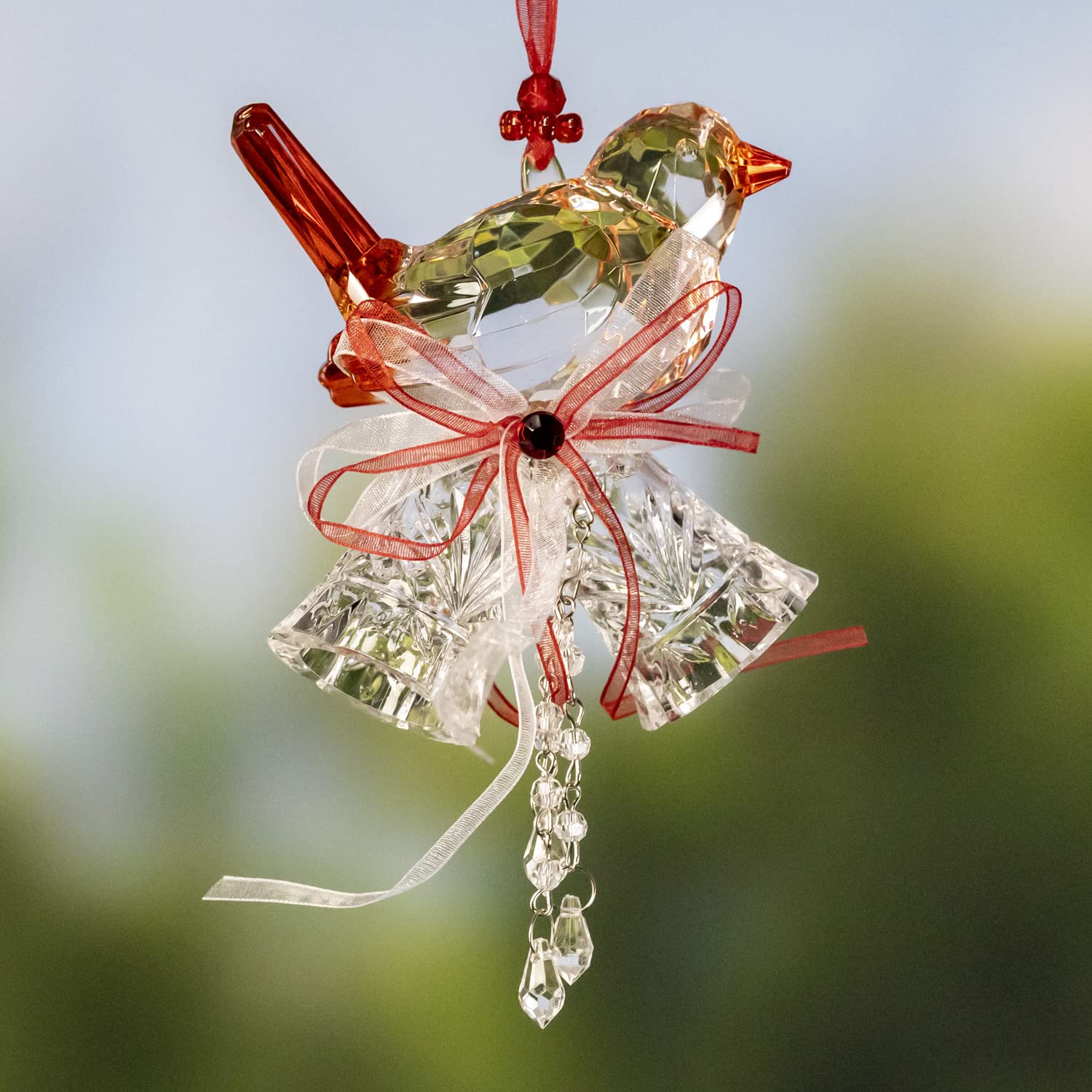 Crystal Quality Multi-Toned Acrylic Sparrows with Bells Hanging Ornament (Red)