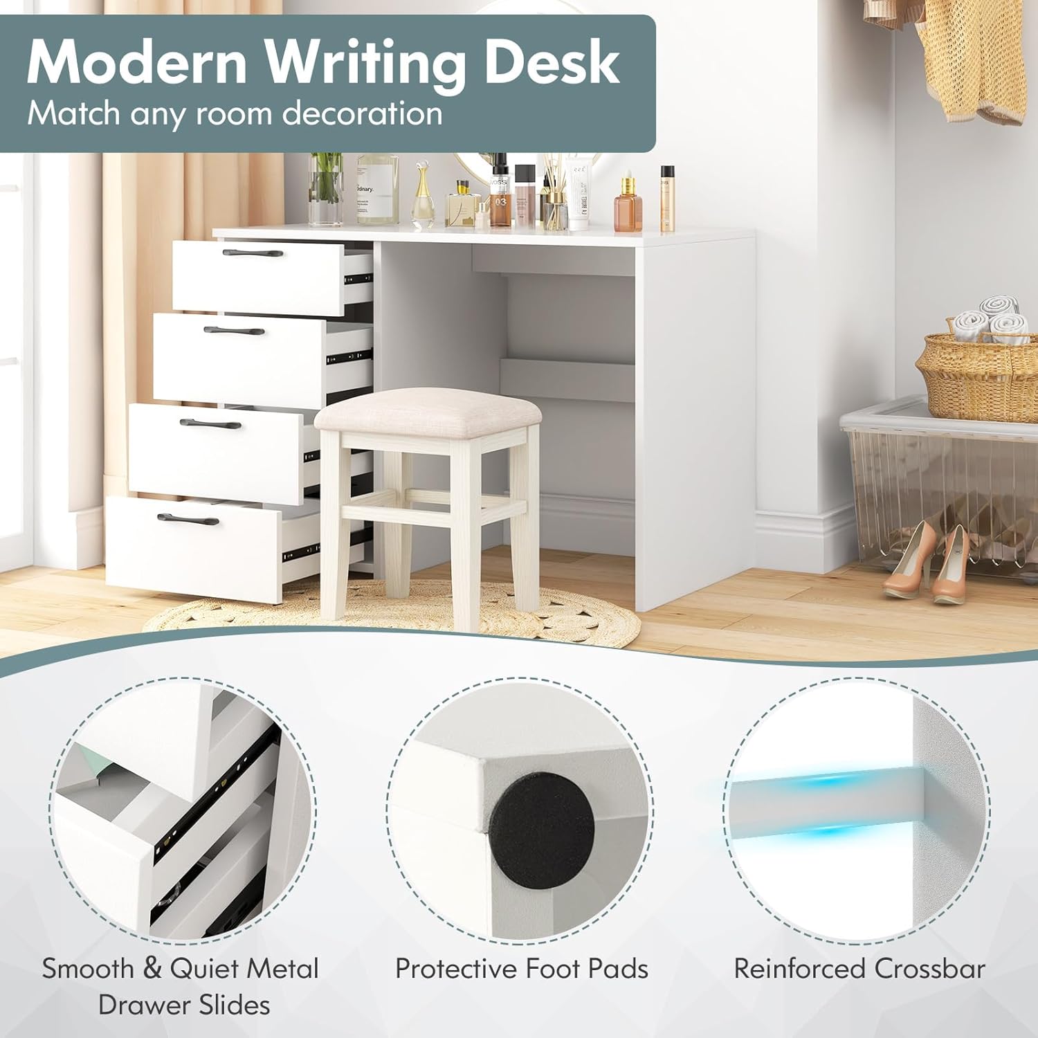 Computer Desk with Drawers, 43.5’’ Study Table with Storage, Wood Makeup Vanity Table, Modern Writing Desk for Study, Home Office, Living Room, Bedroom (White, 43.5'')