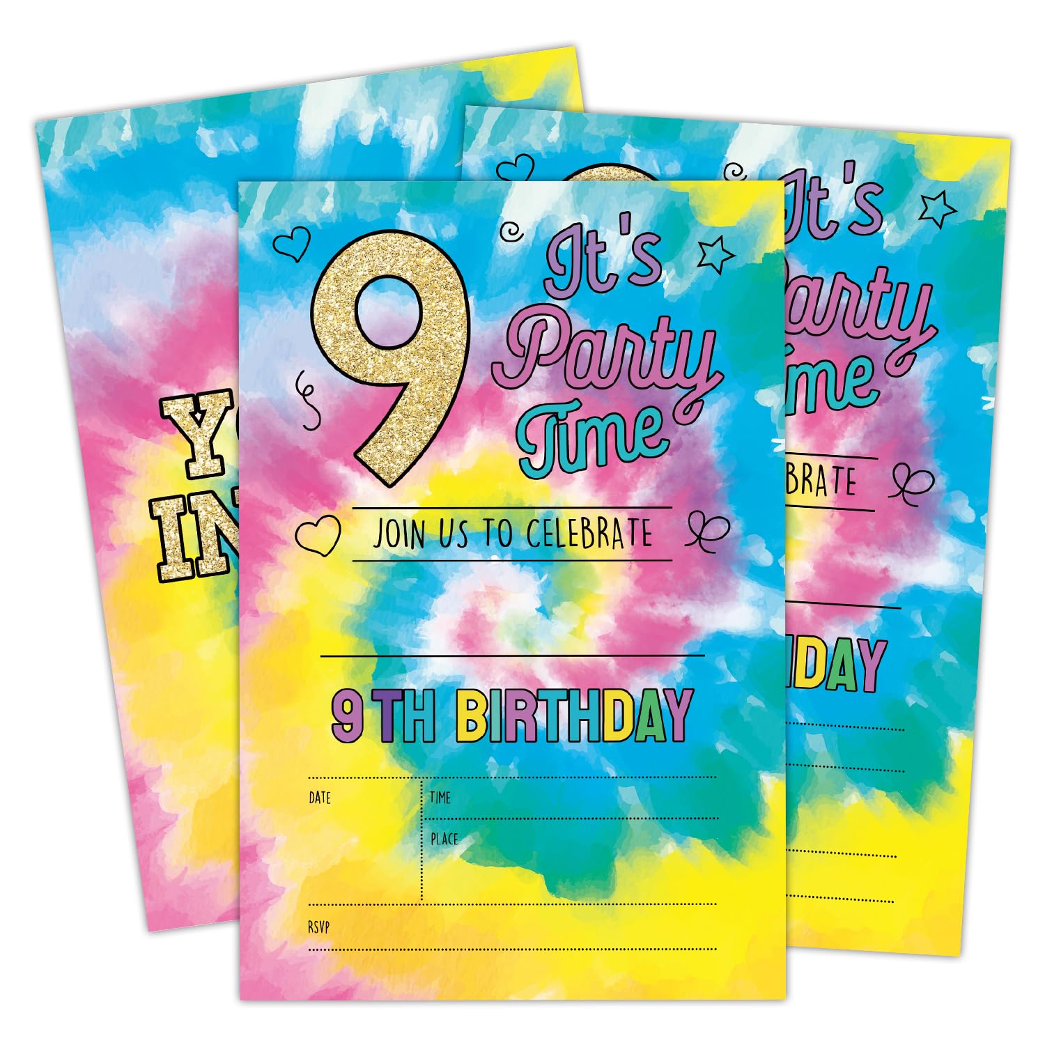 Photo 1 of Tie Dye 9th Birthday Invitation Cards for Boys & Girls, Celebration Birthday Party Supplies Decorations, Tie Dye Party Time Double-sided Printed Bday invite Cards - Includes 20 Cards & Envelopes(B24) 9th Tie Dye Birthday