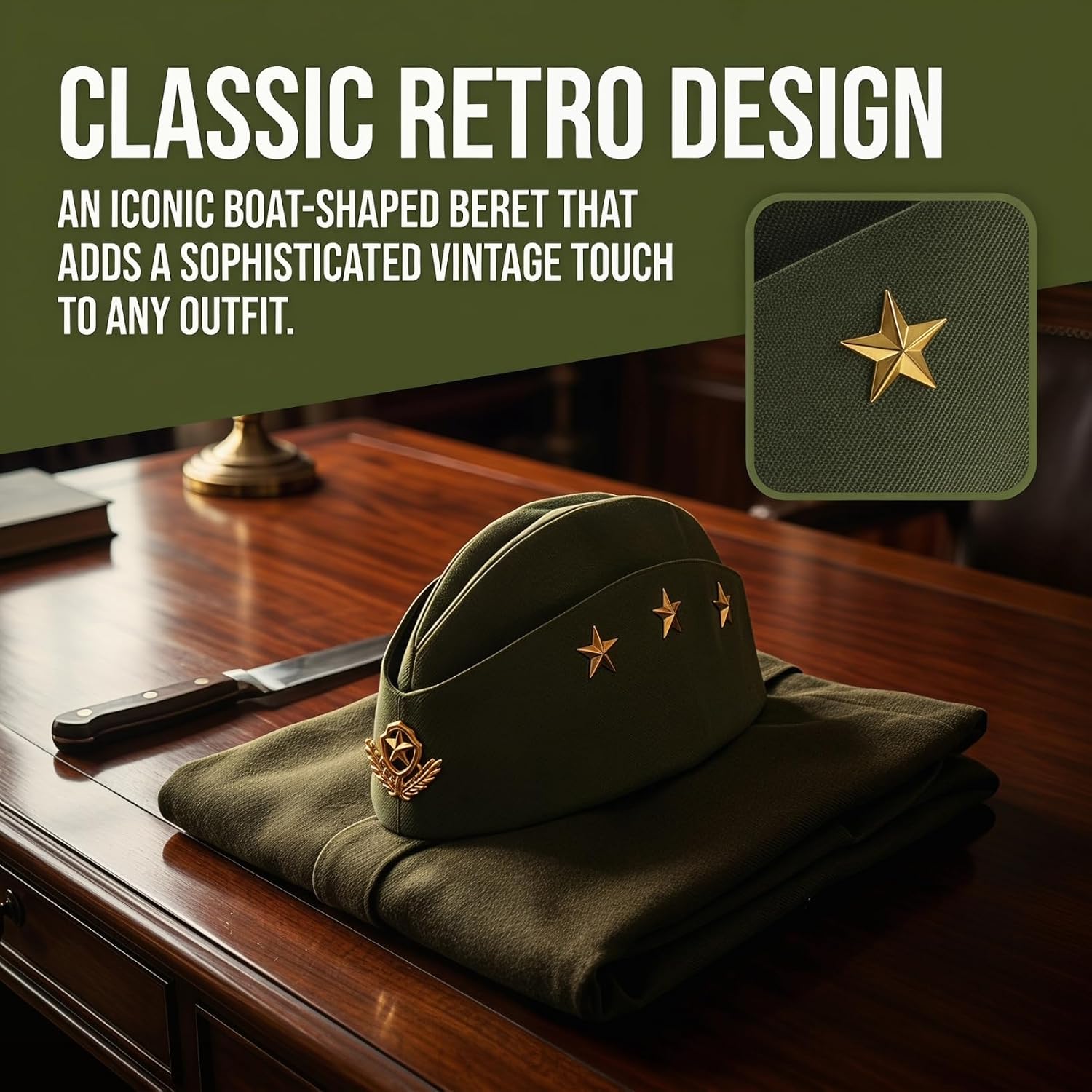 Totority Army Green Canvas Beret Hat - Retro Military Style Sailor Boat Cap for Cosplay, Flight Attendant & Square Dance Costumes - Unisex Vintage Side Cap for Adults