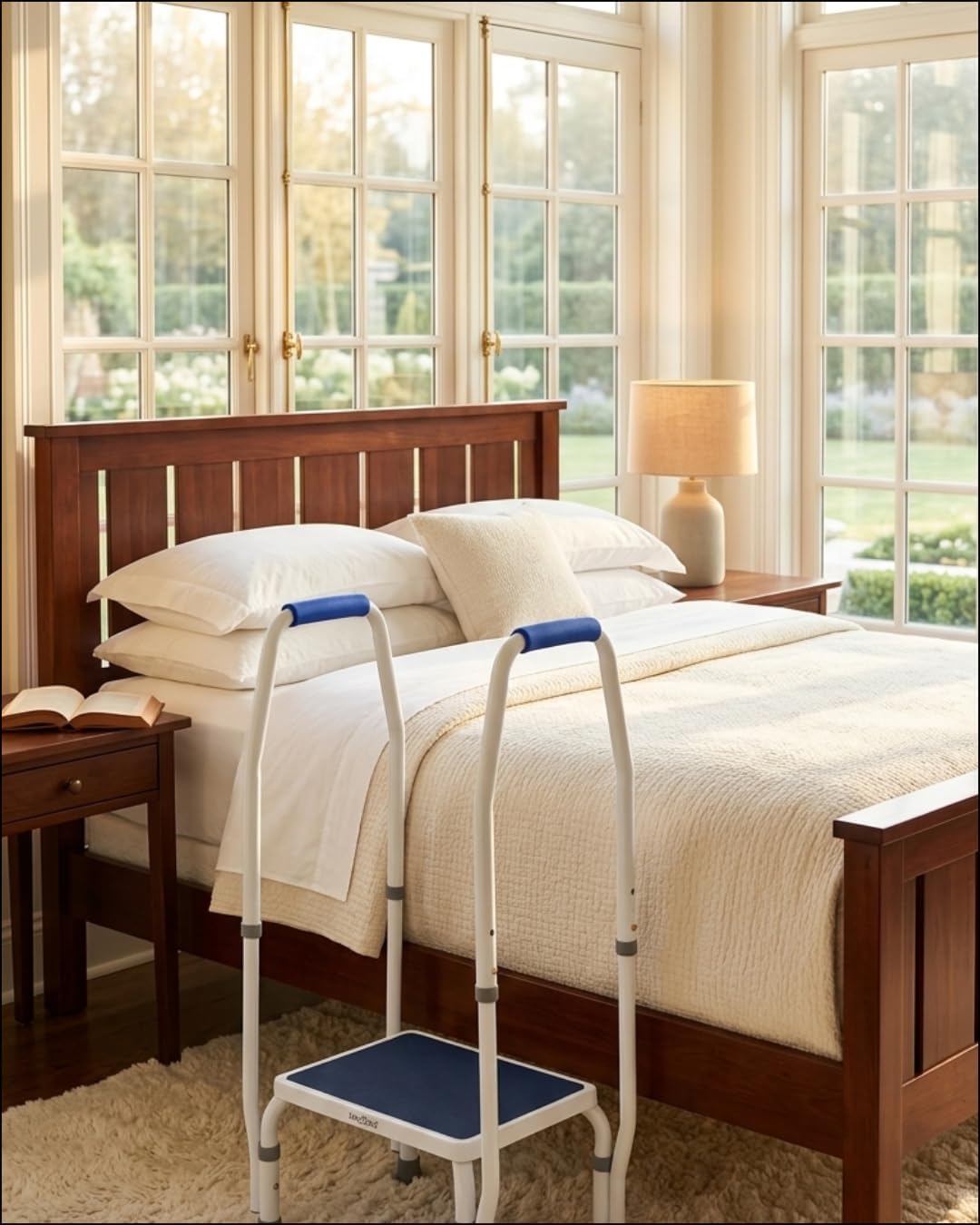 step2bed Mini Step Stool with Handle for Elderly - Adjustable Height for Seniors with Handicap Grab Bars - Use for Bed, Bathtub. Stainless Steel Portable Step Stool for Bed (300 LBS Capacity)