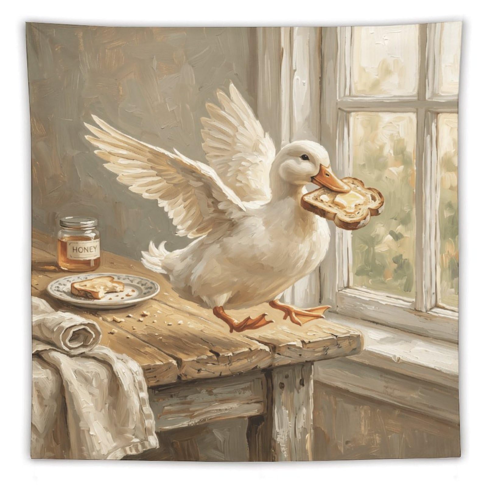 H3B8U2Y5 Toast Duck Kitchen Wall Tapestry, Storybook Illustration, Cottage