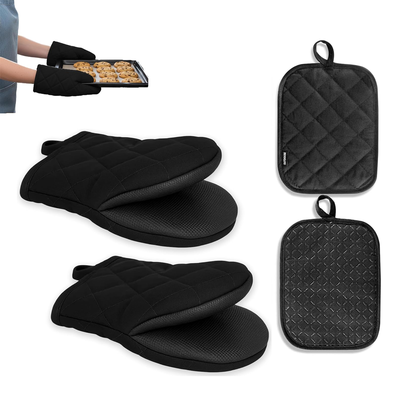 Oven Gloves, 4Pcs Oven Mitts and Pot Holders Set, Short Oven Mitts Silicone Kitchen Heat Resistant Oven Gloves for Baking Cooking and Grilling(Black)