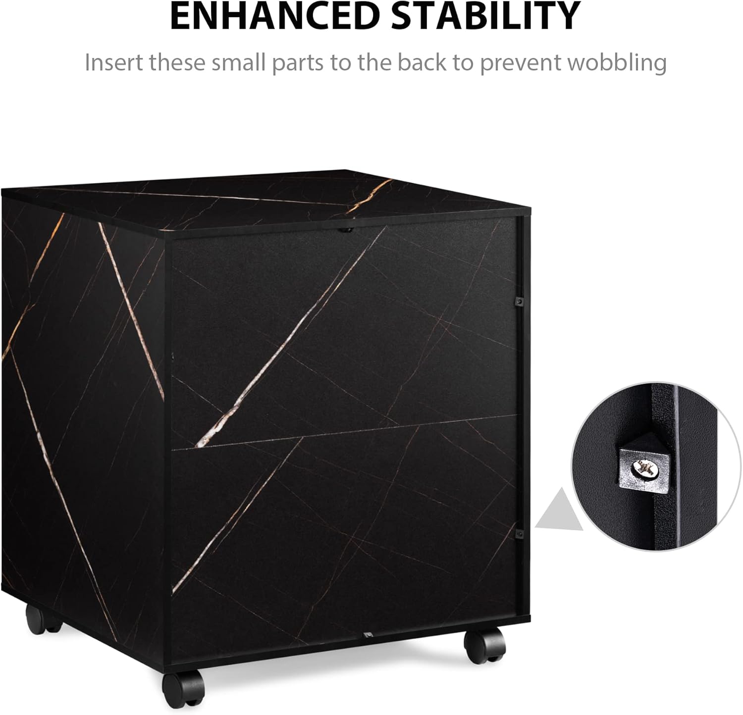 Close-up of the back of the printer stand showing the enhanced stability feature with a small part inserted.