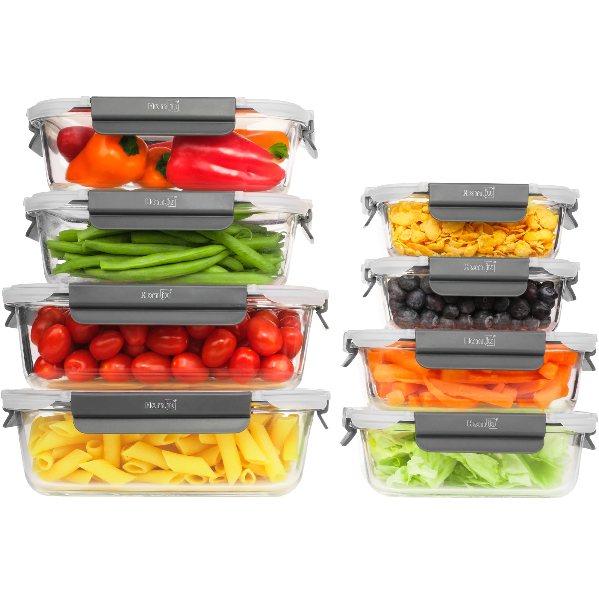 Homiu Grey Glass Food Container Set With Airtight Lids - 8 Pack Bpa Free Leak Proof Storage For Meal Prep | Microwave, Freezer, Oven Safe Lunch Boxes