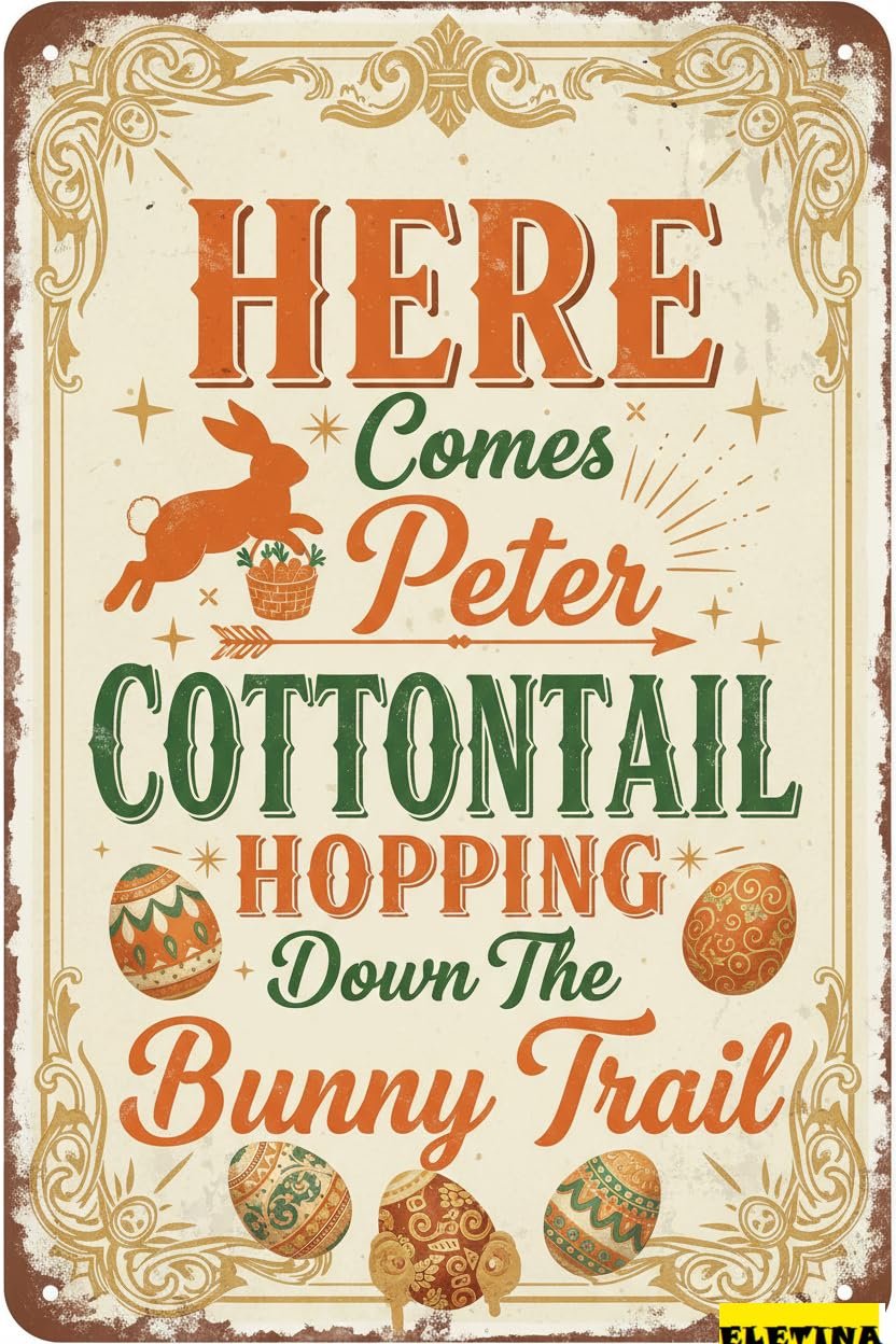 Peter Cottontail Bunny Trail Easter Tin Sign, 8x12 Inch