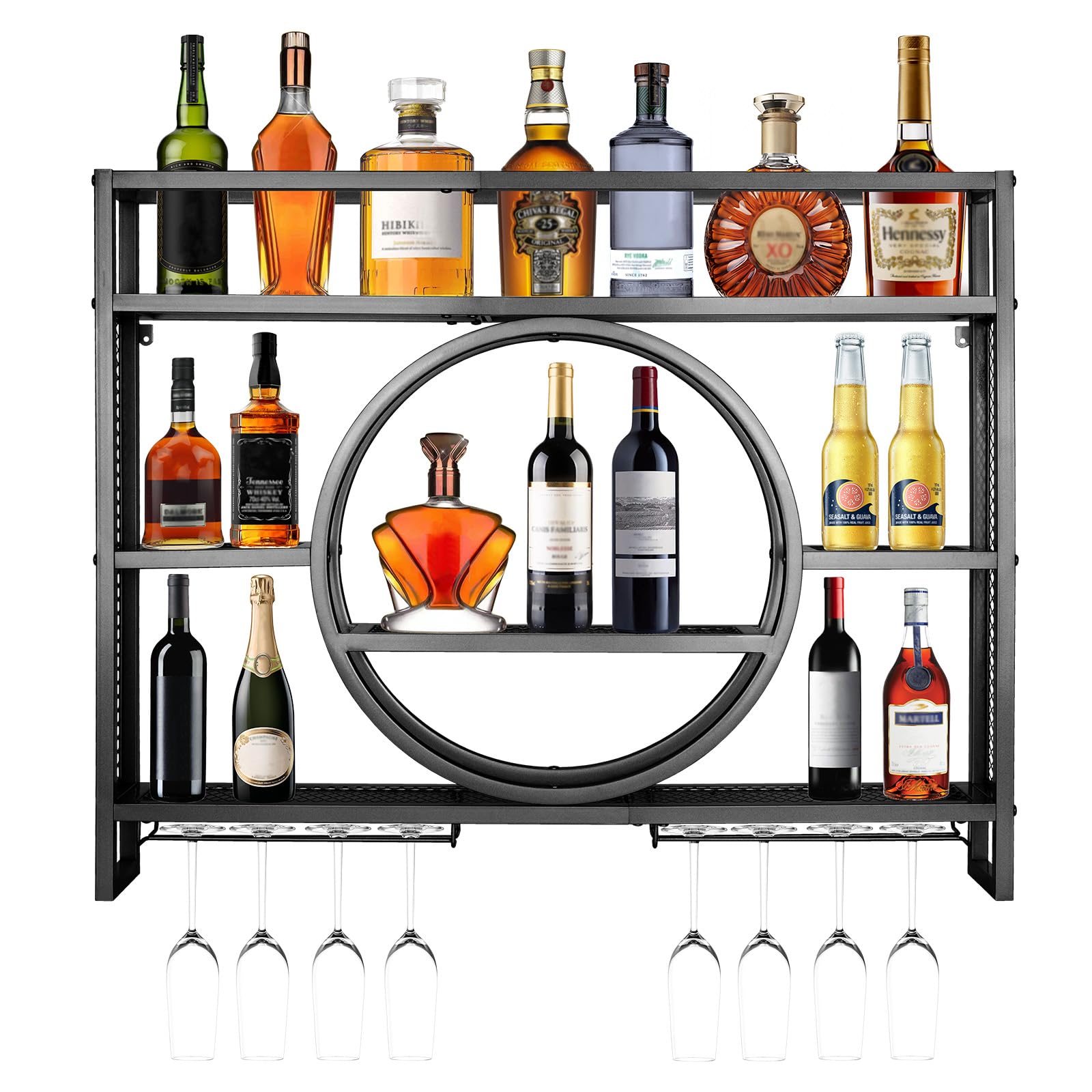 39in Wine Rack Wall Mounted, Modern Metal Wall Bar Shelves with Liquor Bottle & Glass Holder, 3-Tier Bar Liquor Bottle Display Shelf Wall Mounted for