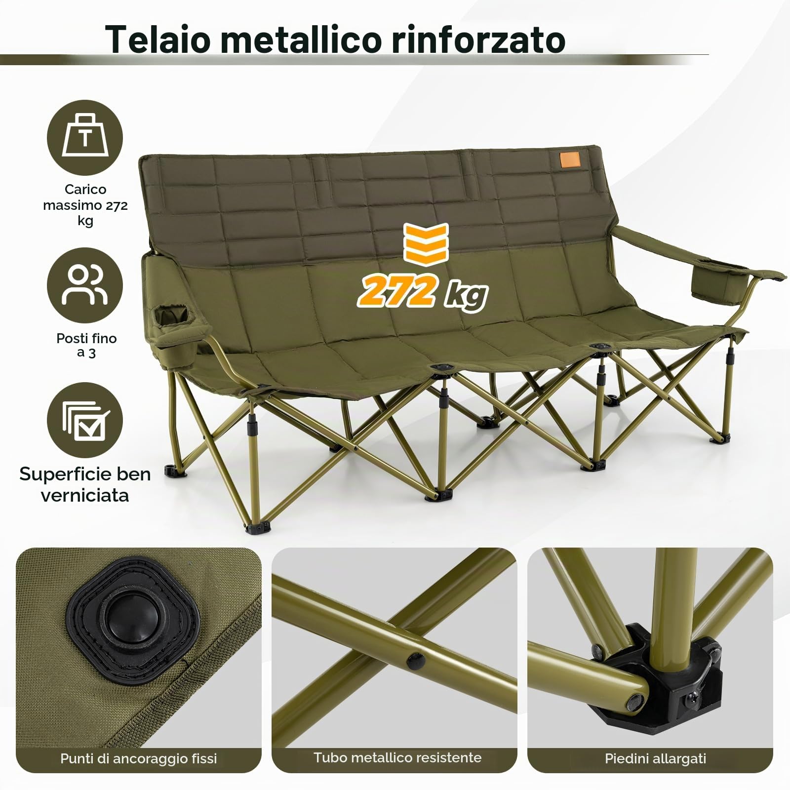 KOMFOTTEU Sedia da Campeggio Pieghevole con Braccioli Regolabili, Sedia da Esterno Portatile con Borsa di Trasporto e Porta Bicchieri, Poltrona per 2/3 Persone, per Pesca, Giardino (Modello II-Verde)