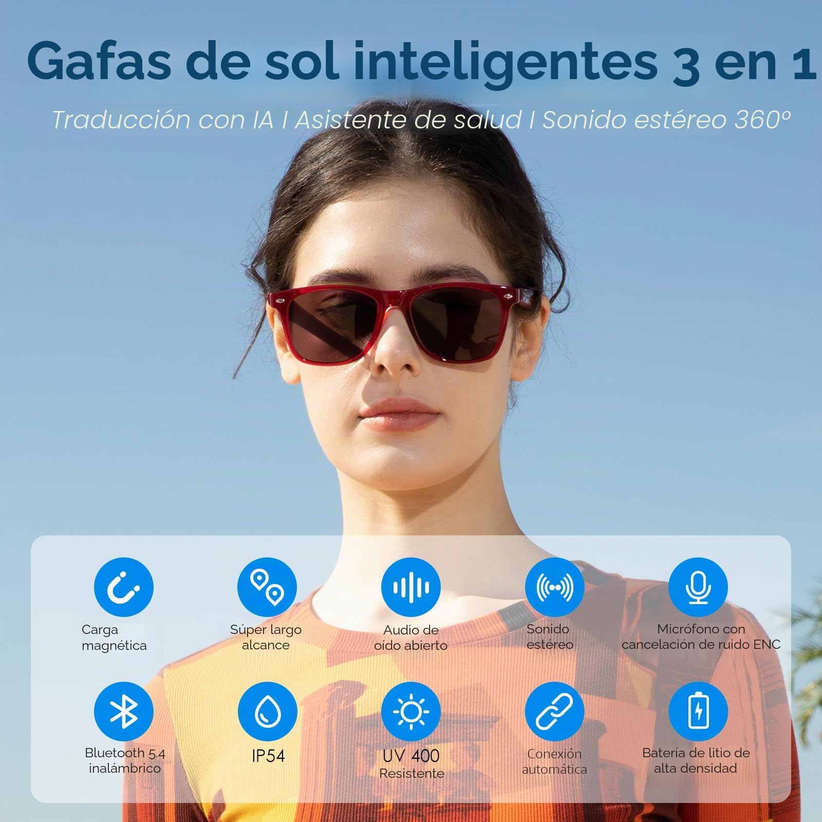 GetD Gafas Bluetooth, Portátiles de Dispositivos Inteligentes, Polarizadas de Gafas de Sol Protección UV400 con Micrófono y Altavoz para Hombres y Mujeres (Marco de Rojo + Lente Gris)