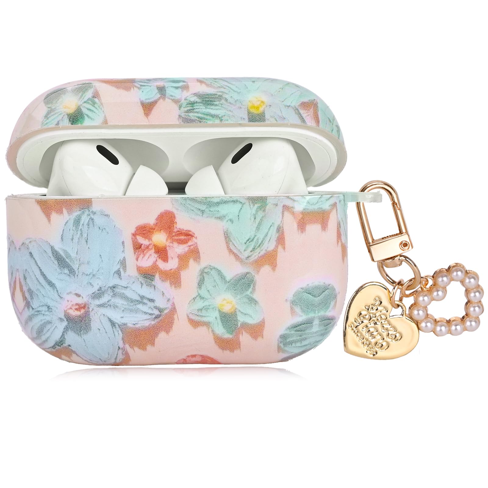 Cute Cases for AirPods Pro with Heart Pearl Pendant, Colorful Retro Oil Painting Flower Design Soft Protective Cover for AirPods Pro