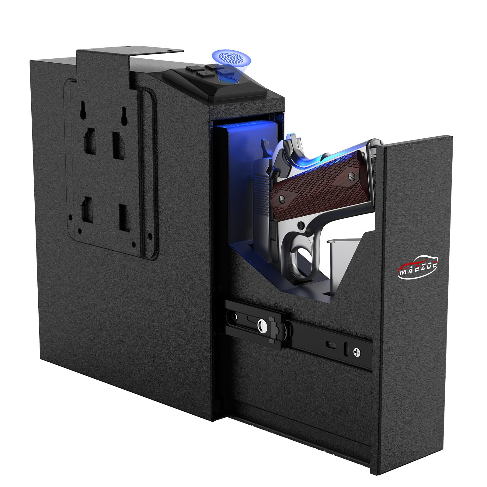 Gun Safe Biometric Pistol Safe with Quick Access Sliding Door, Mounted Nightstand Fireproof Handgun Safe & Gun Lock Box for Truck, Desk, Bedside, Wall with Fingerprint, PIN Code, KEY Access