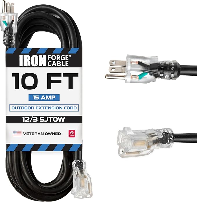 12 Gauge Extension Cord 10 Ft Iron Forge Cable 12 Gauge Outdoor Extension Cord 10 Ft, SJTOW 12/3