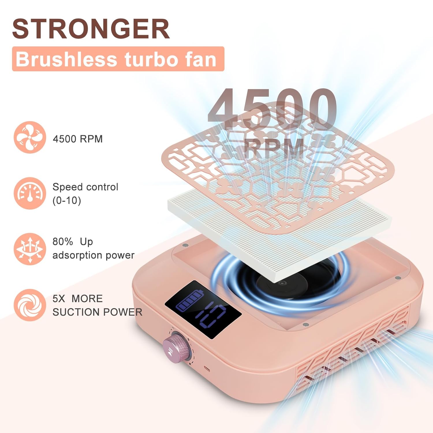 Cordless Nail Dust Collector for Nail Tech, 10 Suction Modes, 4500RPM Powerful Nail Vacuum Fan with Reusable Filter, Professional Manicure Tool for Acrylic Nail Polishing, Salon & Home Use - Pink