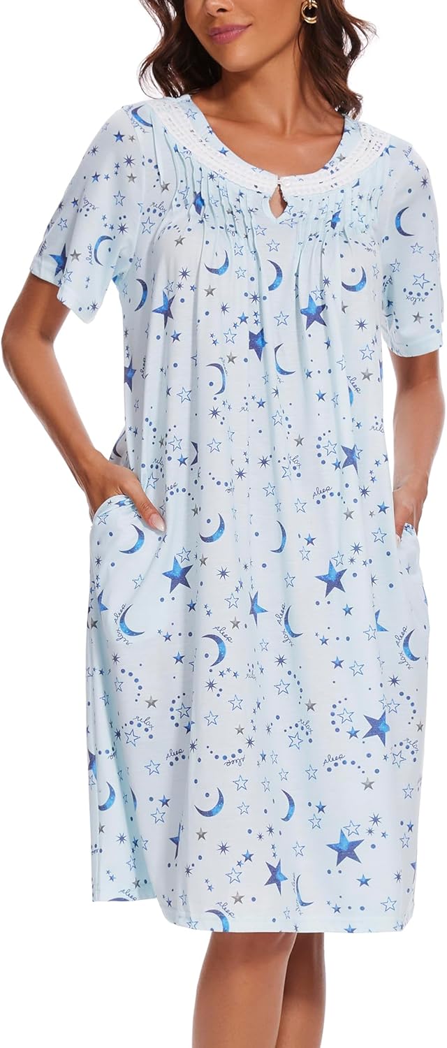 COSUNIONY Cotton Nightgowns for Women Soft Sleep Dress Ladies Short Sleeve Sleepwear with Pockets - Image 3