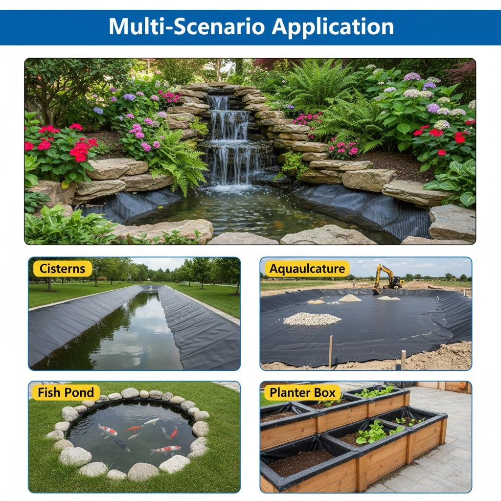 Generico Rivestimento per laghetto 4x5m 4x8m 5x5m 6x9m 7x9m Telo per Laghetto con Resistente allo Strappo in HDPE Spessore 0.12mm per Stagni Piscine Fontana Giardini Acquatici, Pieghevole(4x6.5m)