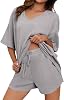 Dokotoo Womens 2 Piece Loungewear Sets Casual Short Sleeve Womens Tops Drawstring Shorts Pants Waffle Knit Sets