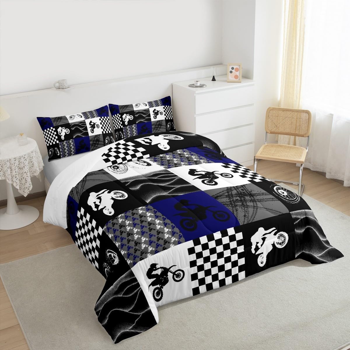 Dirt Bike Comforter Set, Motocross Rider Bedding Comforter Sets Twin, Motorcycle Grunge Down Comforter For Kids Boys Adult Men, Motorbike Extreme Sport Game Comforter, Buffalo Plaid, Blue Grey Black - Image 3
