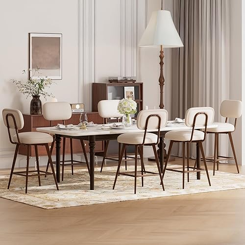 Miniatura 10 de Juego de 2 taburetes de bar giratorios de piel sintética, sillas de bar de altura de mostrador de mediados de siglo con respaldo bajo y patas de