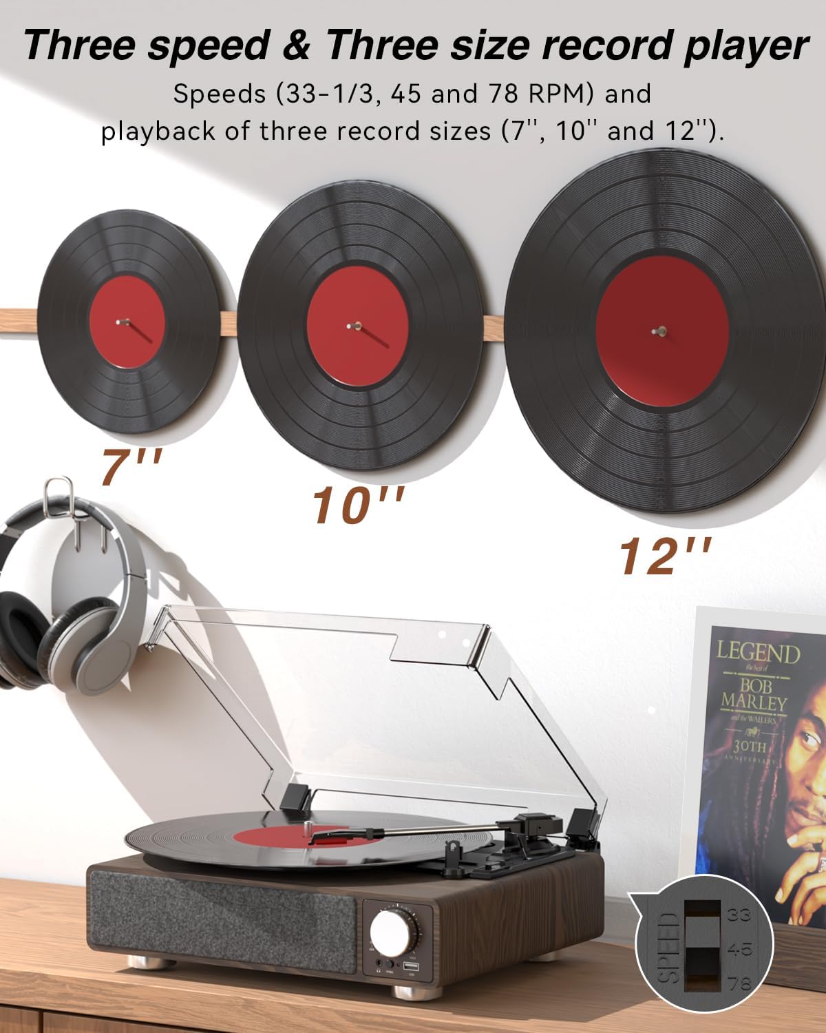 MONODEAL T23 Turntable playing a record, with images of 7-inch, 10-inch, and 12-inch records