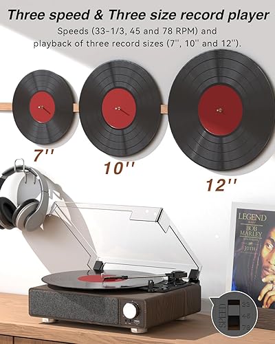 Miniatura 5 de MONODEAL - Tocadiscos de vinilo con altavoces, tocadiscos de 3 velocidades para discos de vinilo con transmisor Bluetooth, parada automática, salida