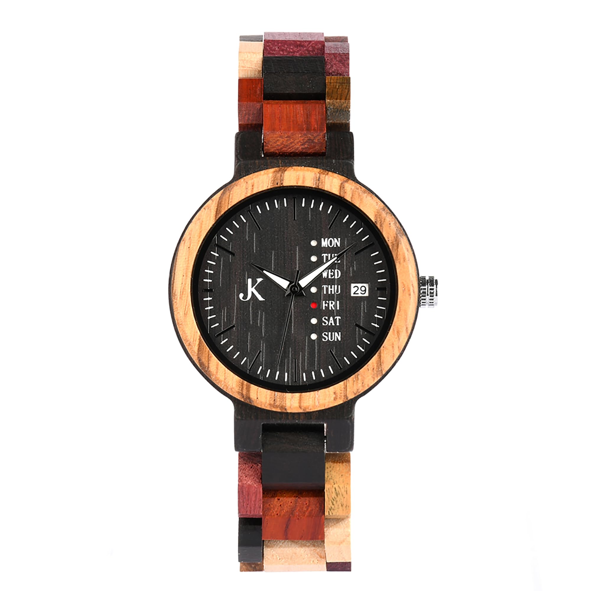 KIM JOHANSON® Holz-Edelstahl Armbanduhr *Week* für Damen und Herren | Mit Datum- & Tagesanzeige | Handgefertigt | Quarz | Analog Uhr | Vegan | Geschenk | Silber | Verstellbares Armband | Inkl Uhrenbox