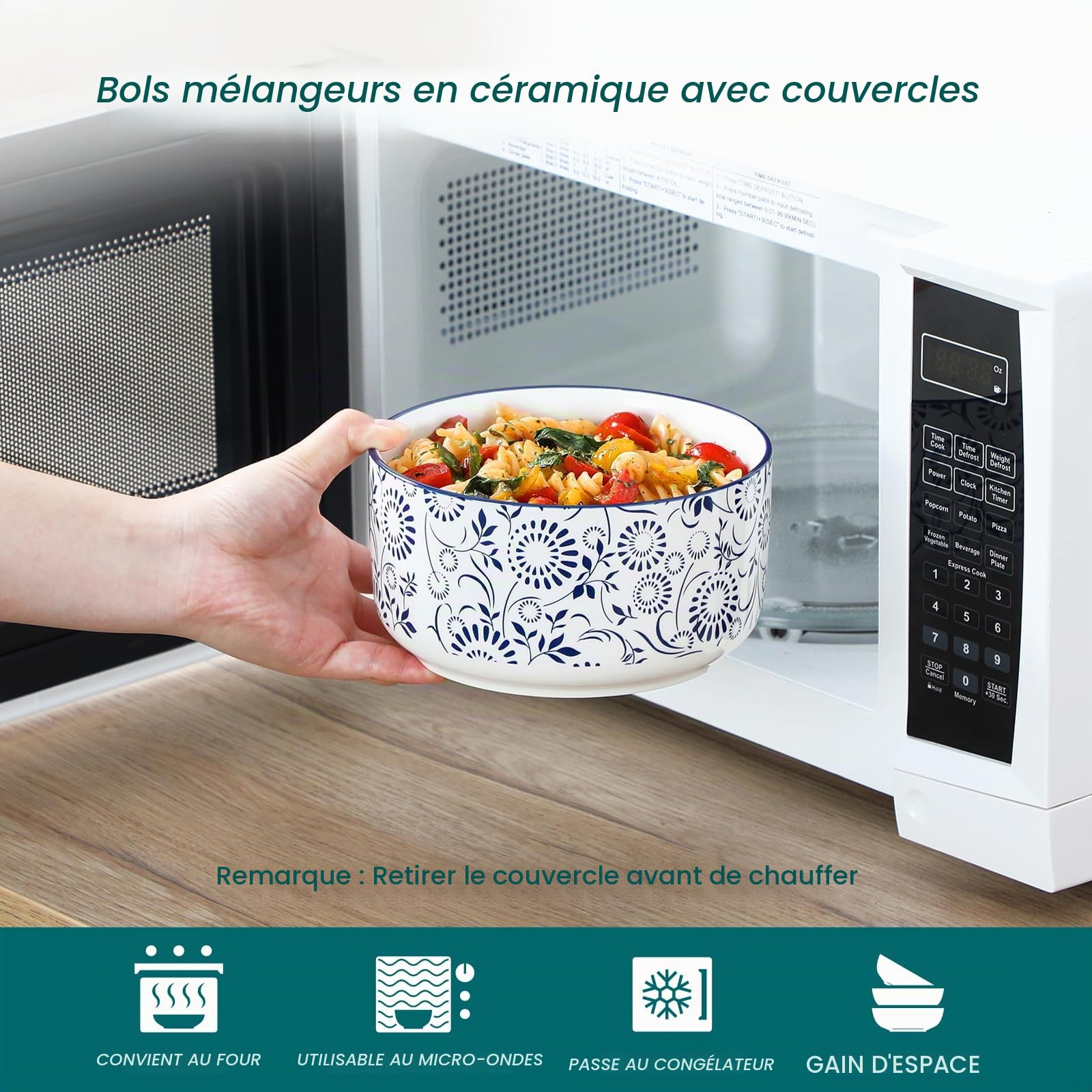 vancasso SELENE - Lot de 4 Boite Repas en Céramique 1080ml, Boîtes de Conservation Alimentaire, Boite Hermétiques pour Céréales, Salade, Soupe, Ramen, Micro-ondes et Congélation - Bleu et Blanc