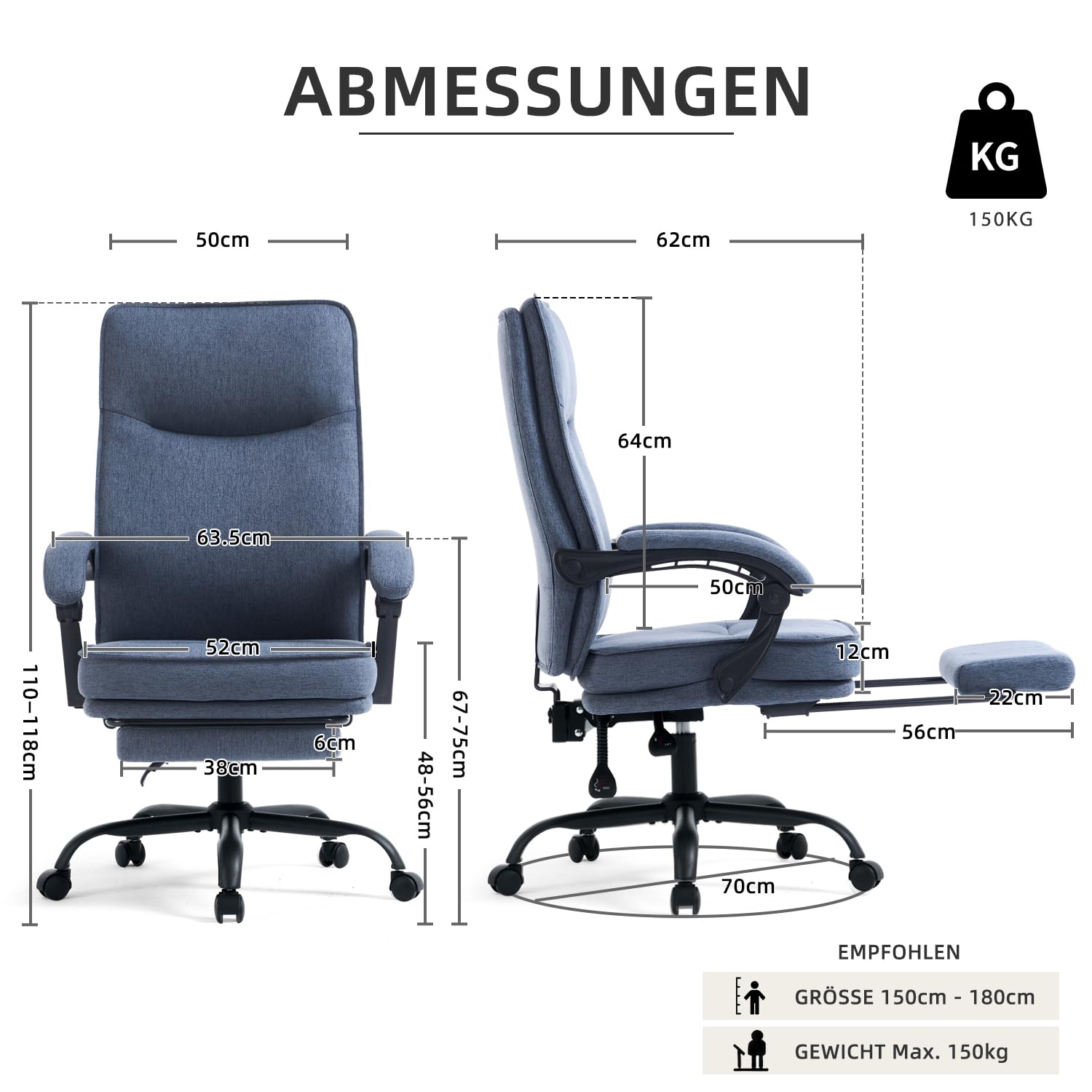 MZLEE Bürostuhl, Schreibtischstuhl Ergonomisch mit Fußstütze, Linkage-Armlehnen, Höhenverstellbar, Liegefunktion 90°-135°, Stoff Chefsessel für Arbeiten und Nickerchen, Stuhl 150 kg