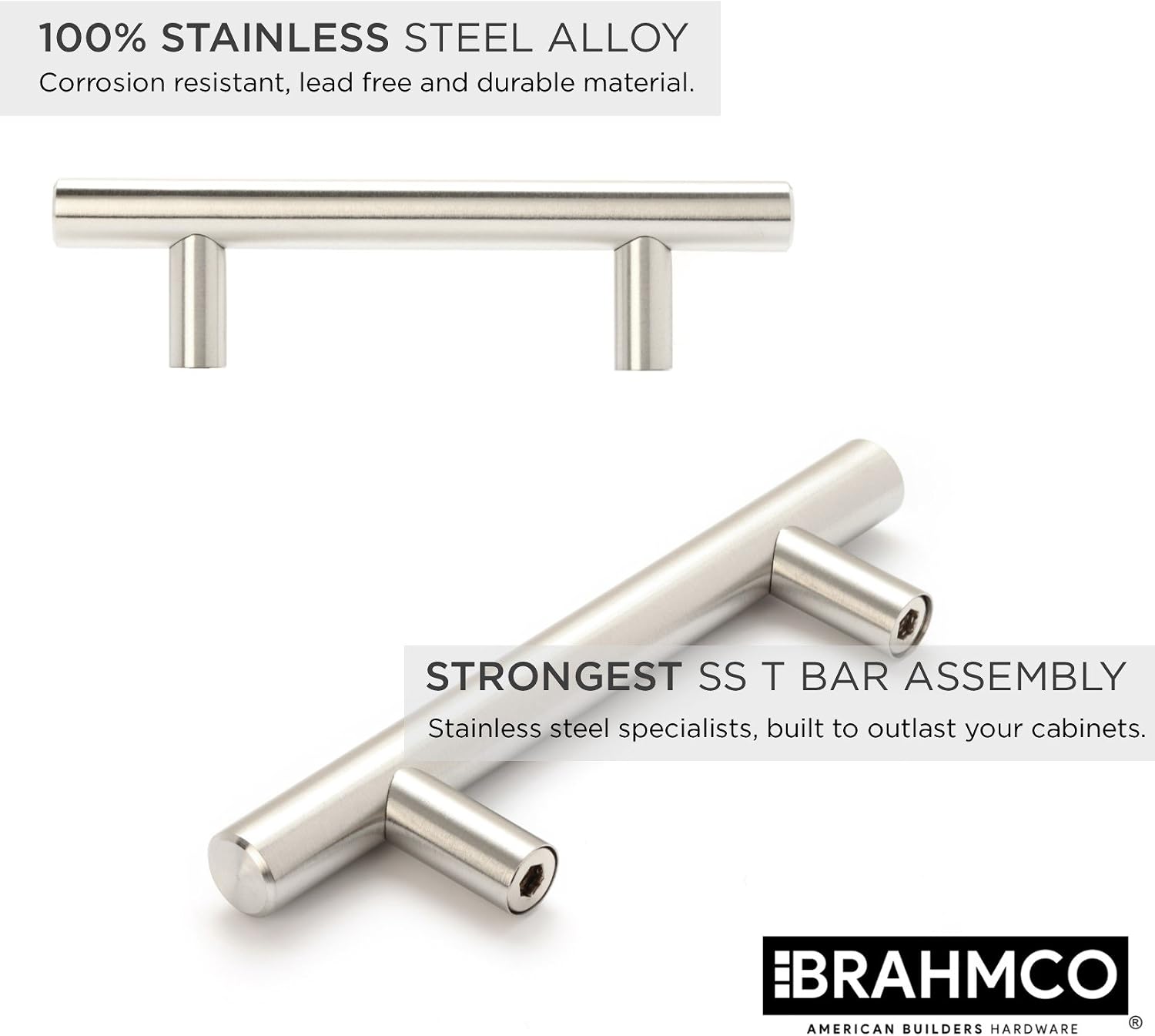 Brahmco 30 Pack | 5" Stainless Steel T Bar Cabinet Pulls: 3 Inch Hole Center 170-5 Modern Euro Style Brushed Satin Nickel Finish Kitchen Cabinet Handles Hardware/Drawer