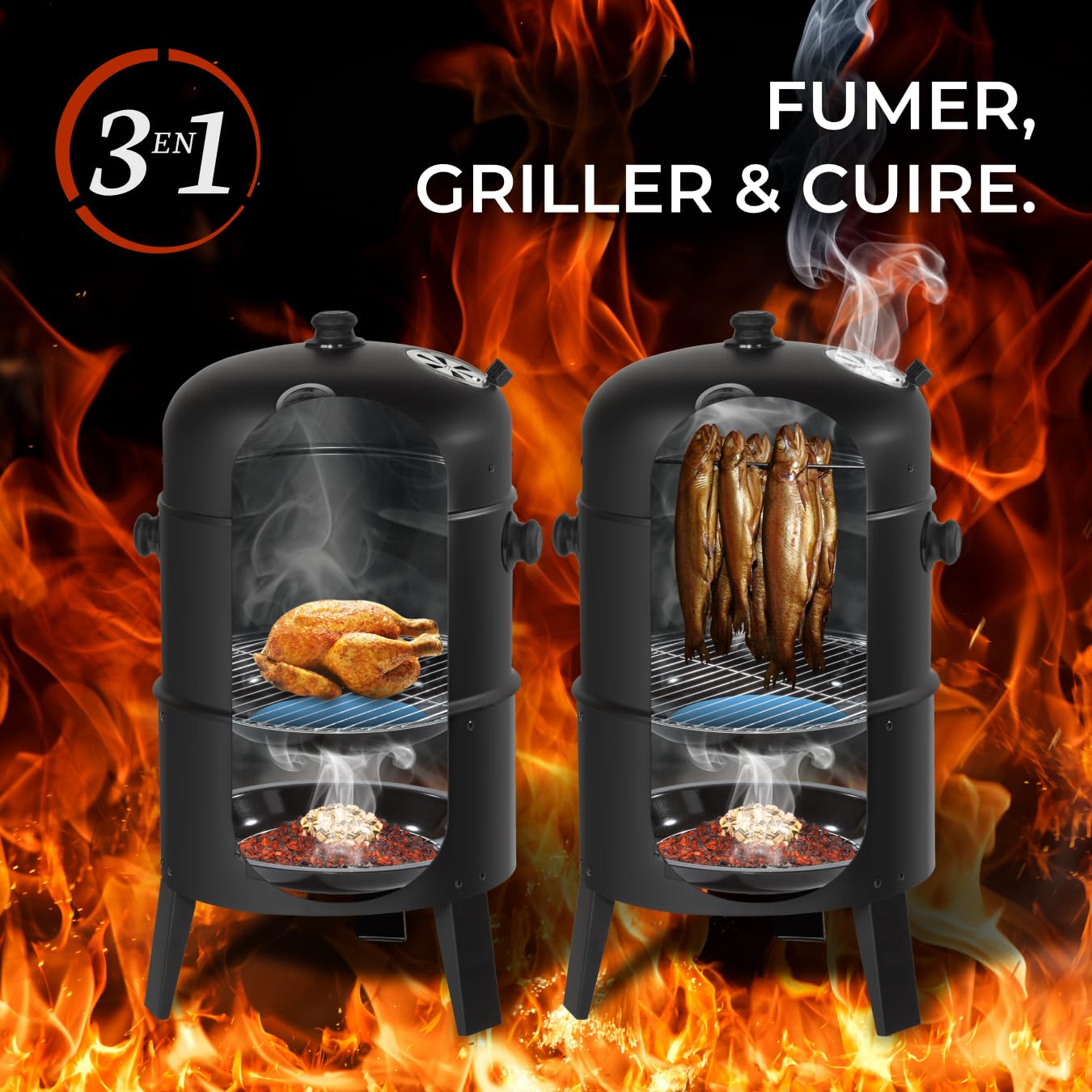 tectake® Barbecue Grill XL BBQ à Charbon Smoker Fumoir Viande et Poisson 3 en 1, 3 étages avec Roues et Thermomètre intégré pour Cuisine à la vapeur Cuisine extérieure