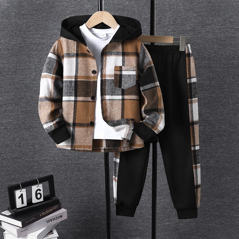 Kids Boys 2Pcs Clothes Plaid Hooded Shirt and Jogger Pants Set 4-12 Years