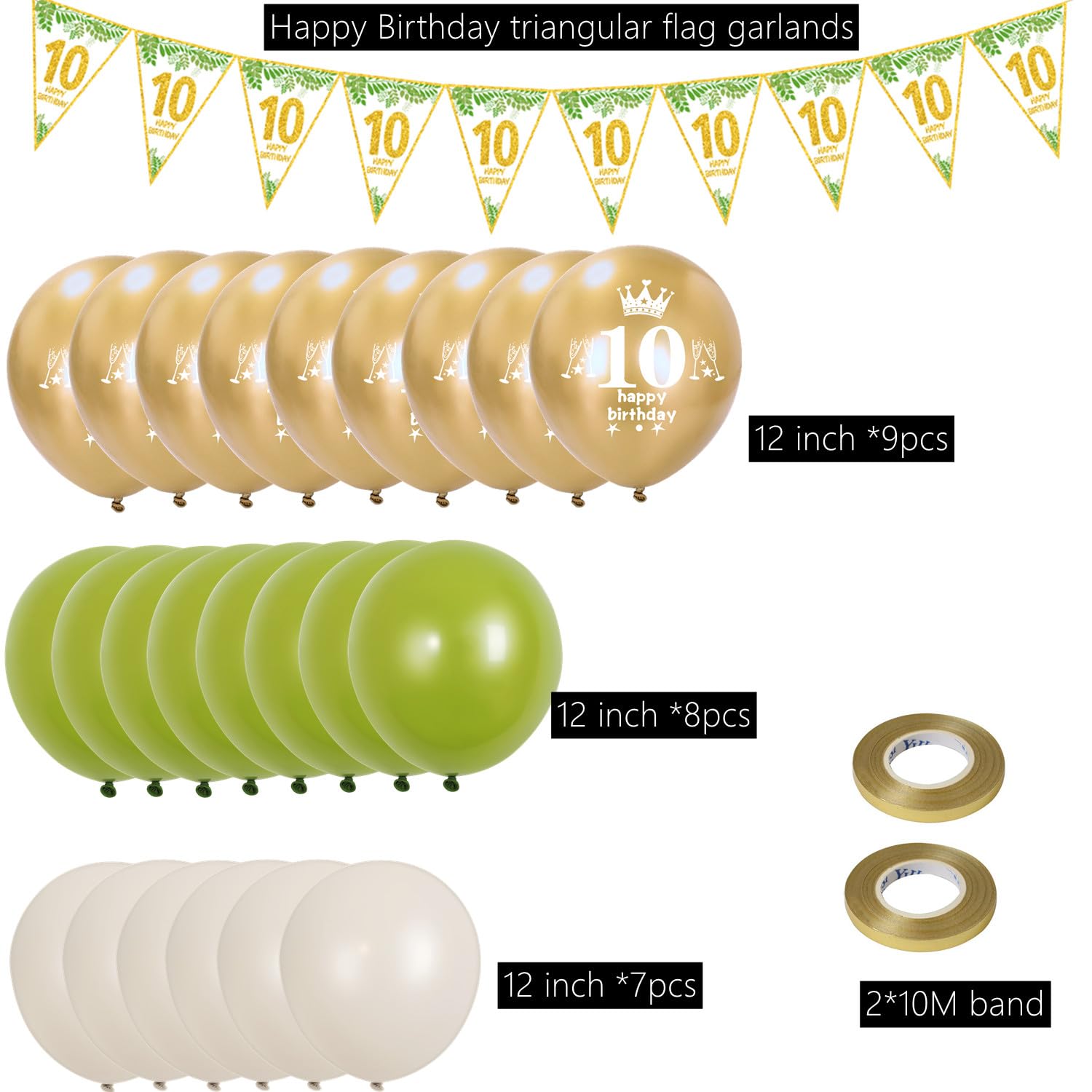 Déco Anniversaire 10 Ans – Ballons Vert Sauge Et Or, Bannière, Topper Gâteau, Tout Pour Une Fête élégante !