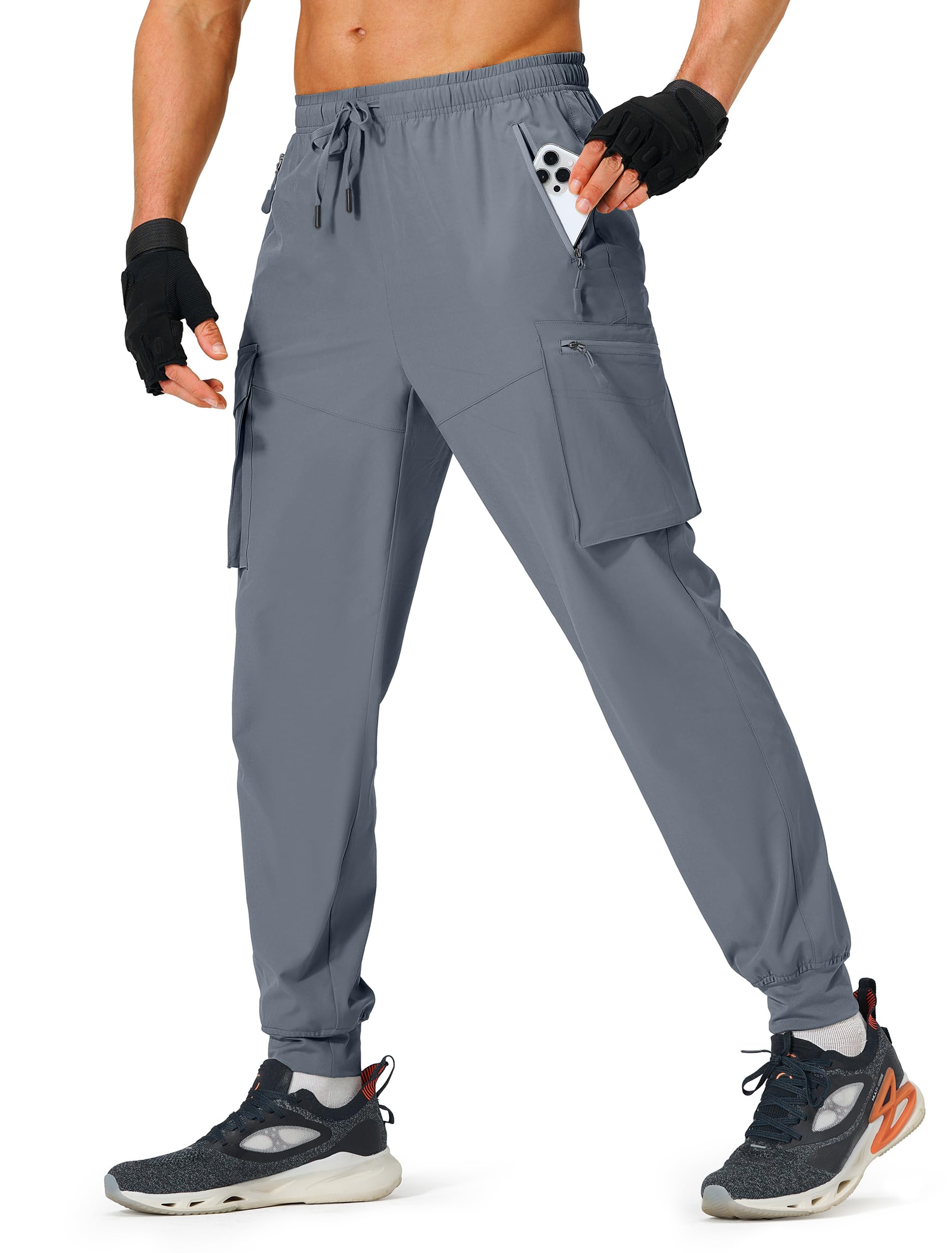 S Spowind Men's Hiking Pants Cargo Lightweight Quick Dry Elastic Waist Golf Joggers with Zipper Pockets Water Resistant