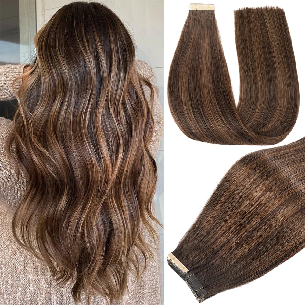 Human Hair Tape in Extensions, Balayage Natural Black Mixed Chestnut Brown Extensions Real Human Hair 20 Inch 20pcs Remy Straight Tape ins Invisible