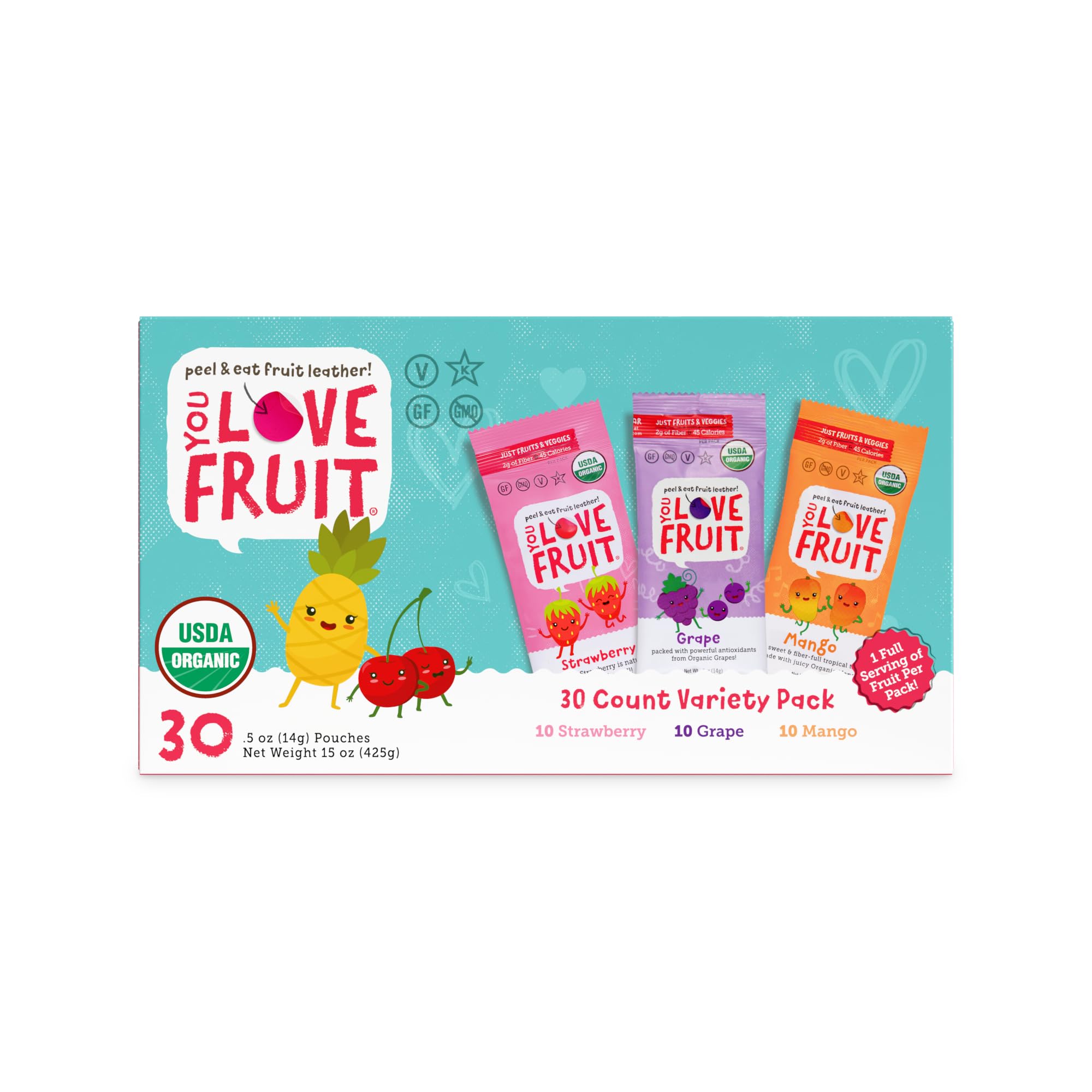 YOU LOVE FRUIT - Fruit Snacks Variety Pack 30 count, 100% Natural Gluten-Free, Vegan, Low Carb, Low Fat Fruit Kosher Snacks for Kids, College Students, Teachers and Offices, Healthy Fruit Snacks (Strawberry, Grape, Mango)USDA Organic