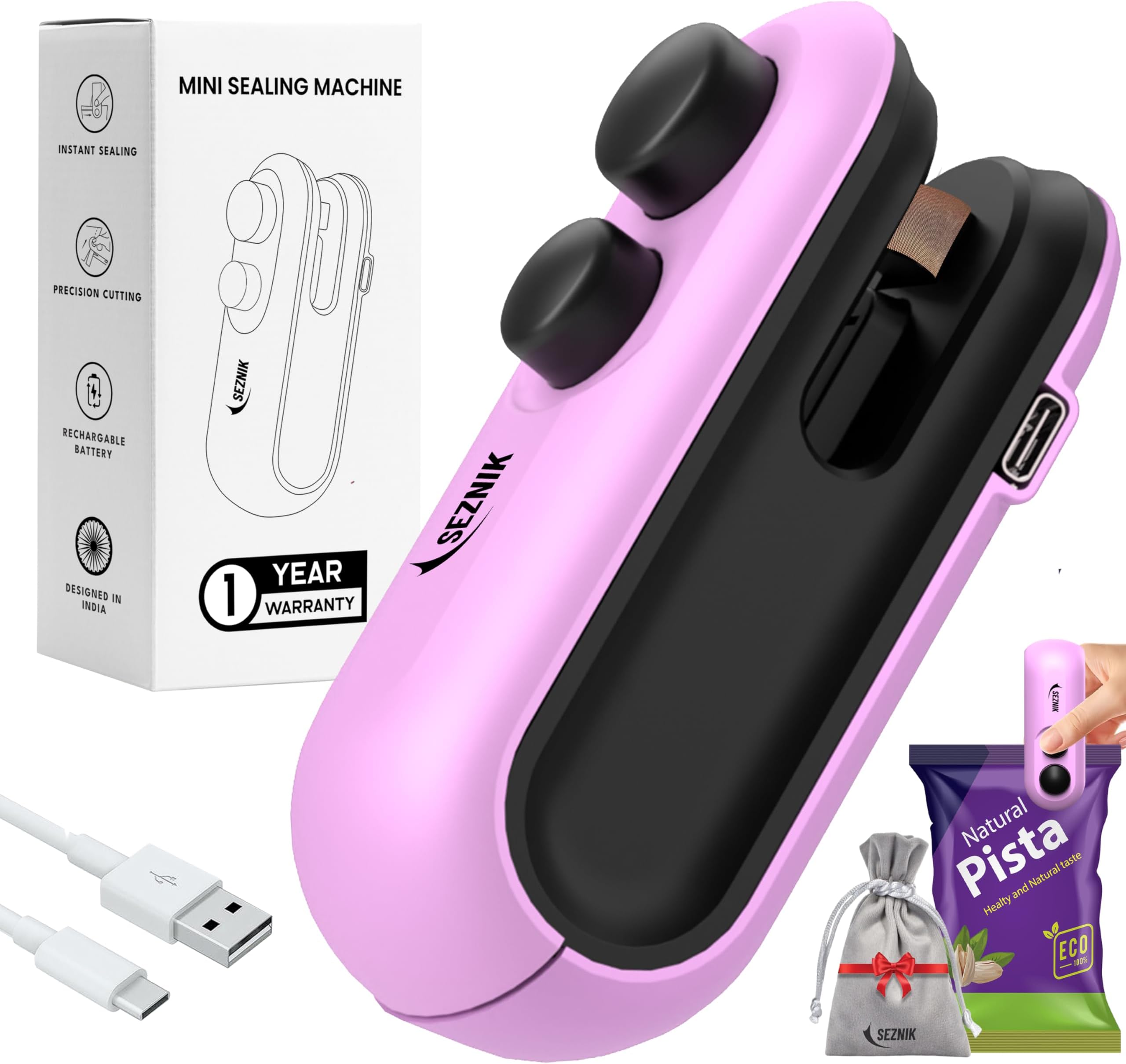Seznik Portable Mini Sealing Machine, Handheld Packet Sealer for Food, Snacks, Chips, Fresh Storage, Plastic Bags Sealing Machine, 1 YEAR Warranty (SZ-PS04)