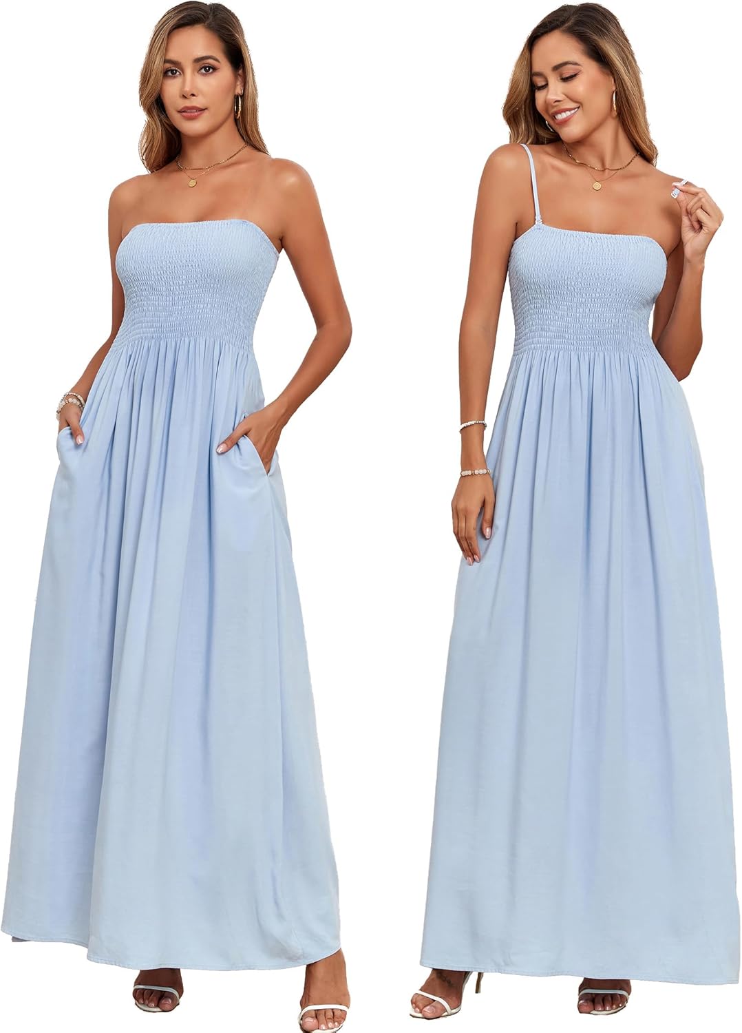 Aigeman Women Detachable Strap Dress Strapless Smocked Bodice Maxi Dress Pockets Long Swing Flowy Beach Sundress 373