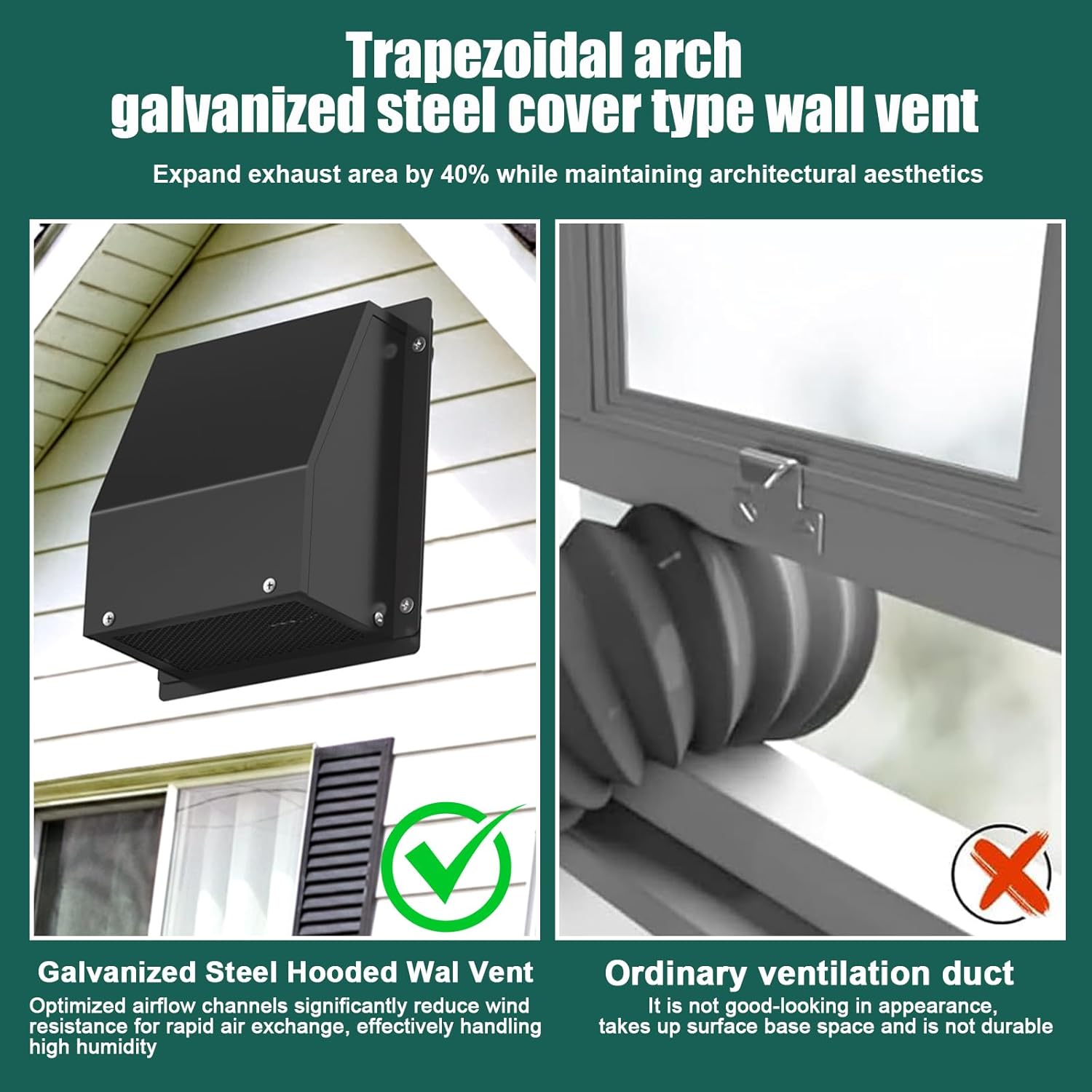 10 Inch Hooded Wall Vent Cover with Screen and Damper, Galvanized Steel Outdoor Wall Exhaust Vent Cover Cap Black for Dryer Bathroom Fan Range Hood HVAC Duct Ventilation (Includes Tape & Clamps)