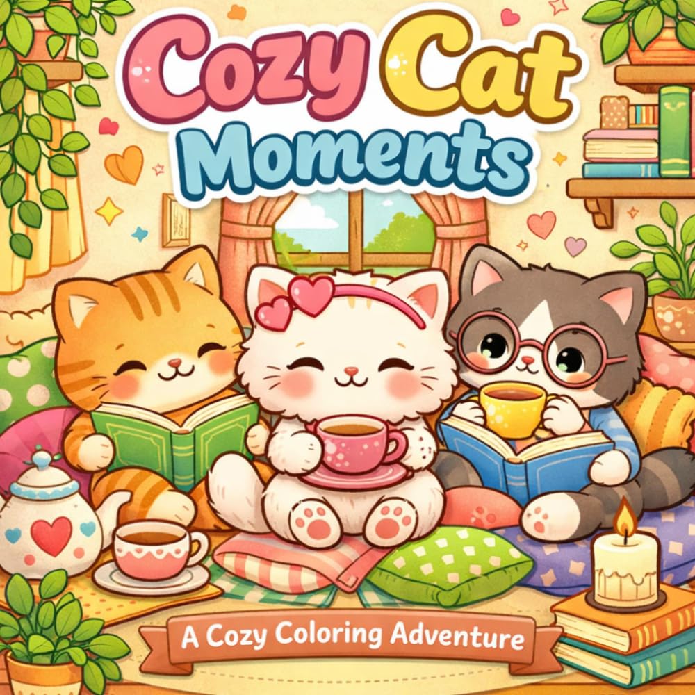Cozy Cat Moments Coloring Book: Cute & Relaxing Cat Coloring Pages for Stress Relief, Cozy Home Scenes, and Peaceful Moments