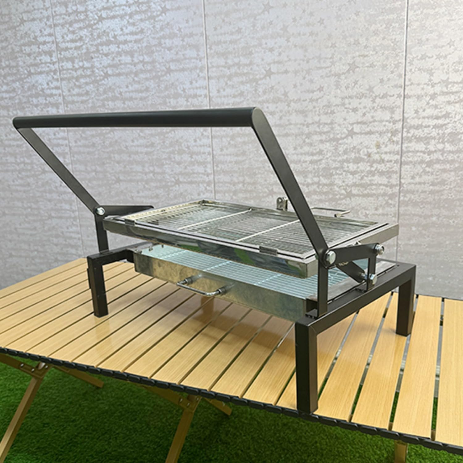 Barbecue portatile pieghevole con griglia a carbonella, stile casa, campeggio, universale, spiedino, barbecue alla griglia per pesce, griglia multifunzione (nero, di piccole dimensioni)
