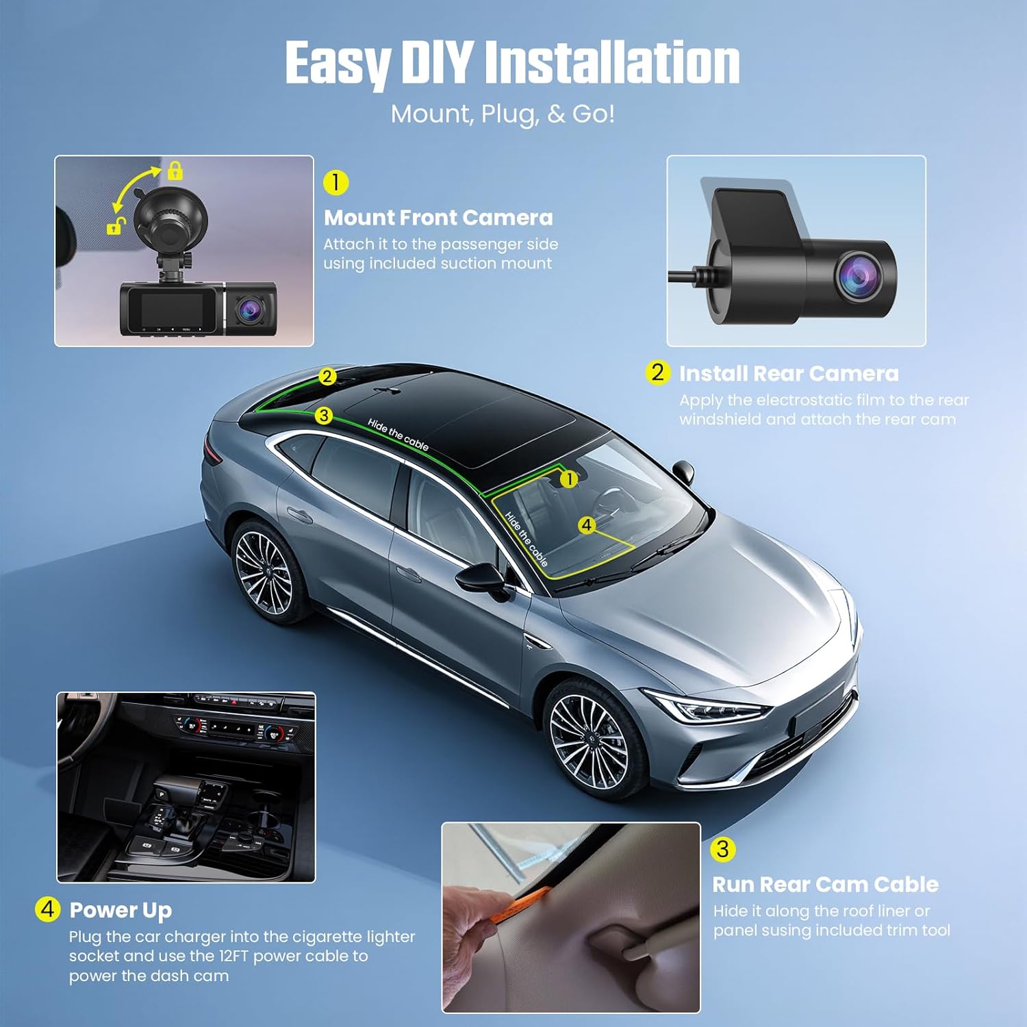 Dash Cam Front and Rear, 4K+1080P Dash Camera with 1.97" Display - Dashcam with 5GHz Wi-Fi APP Control 64GB Card 24H Parking Mode Night Vision Loop Recording WDR 170° Wide Angle G-Sensor Max 256GB