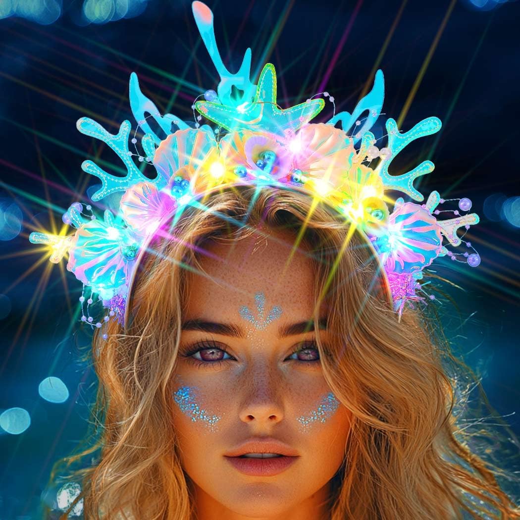 JEAIRTS Light Up Shell Headband Glowing Starfish Hair Band Led Pearl Mermaid Costume Hair Accessories for Women - Image 3