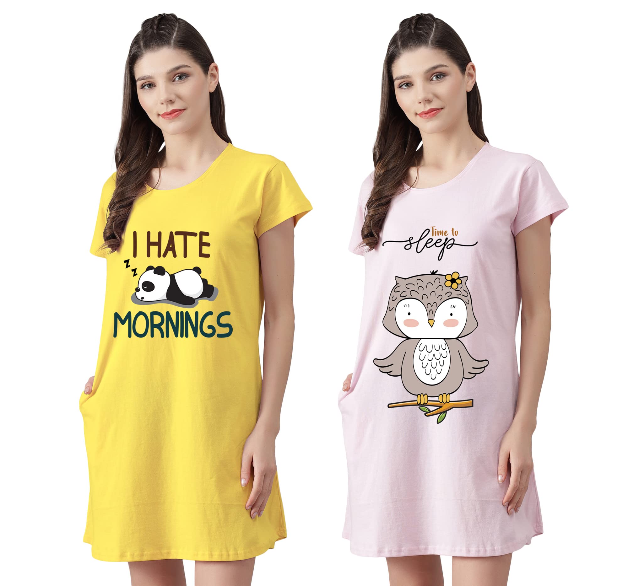 fflirtygo Women’s Cotton Nighty | Printed Knee Length Night Gown |Relaxed Fit Nightwear |Short Nightdress| Long T-Shirt | Sleepwear & Casual Wear Nighty (Pack of 2)-picture-45